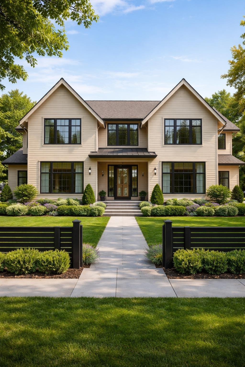 A single-family home with horizontal wood siding, surrounded by green landscaping and a simple fence, viewed from the front on a clear day.
