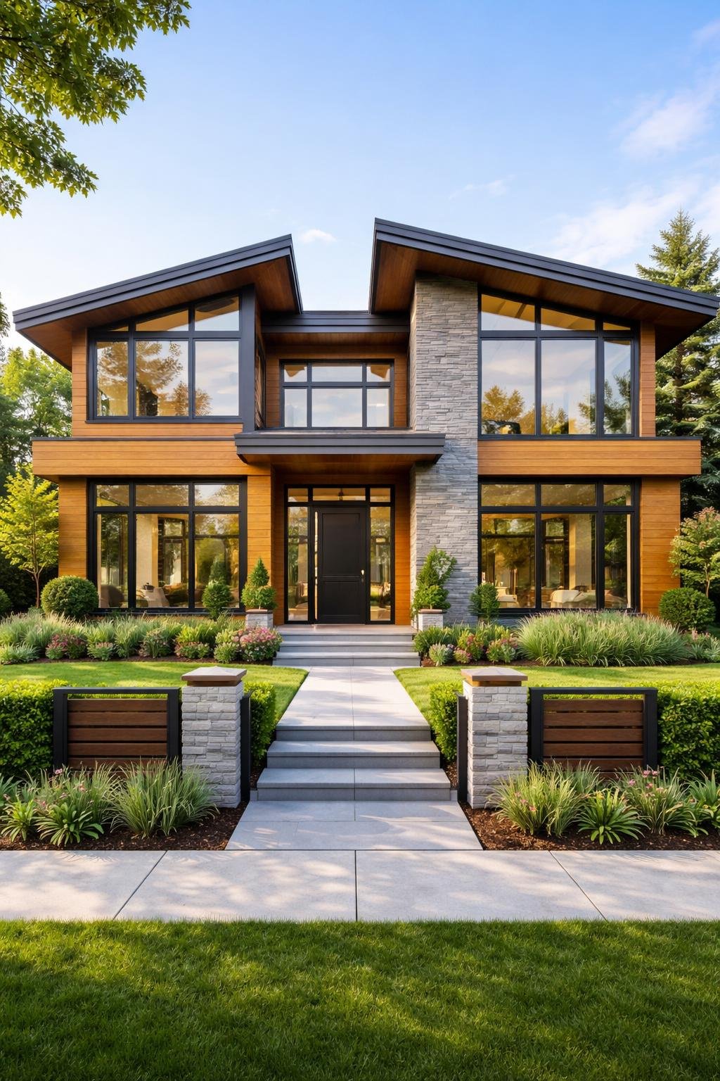 A modern single-family home with wood siding and large windows, surrounded by green landscaping and a simple fence in a suburban neighborhood.