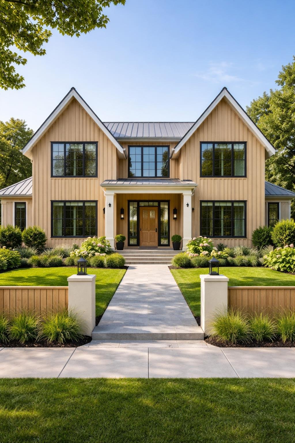 A modern single-family home with wood siding, large windows, a well-kept lawn, and an inviting front entrance in a suburban neighborhood.