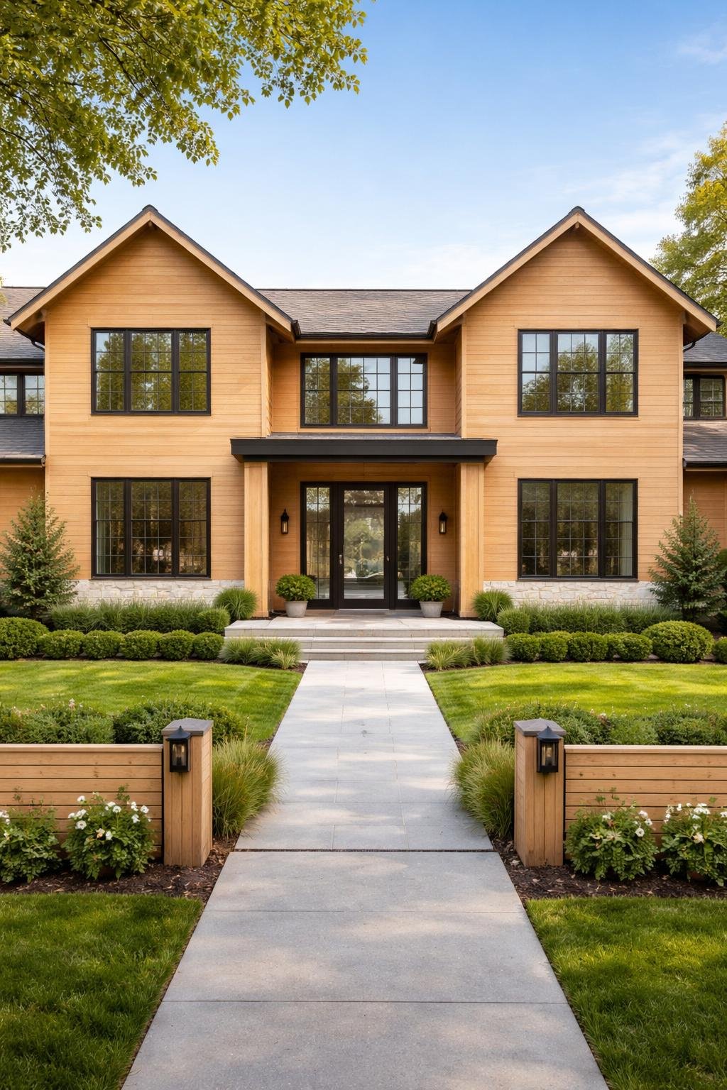 A modern single-family home with wood siding, surrounded by green landscaping and a clear sky.