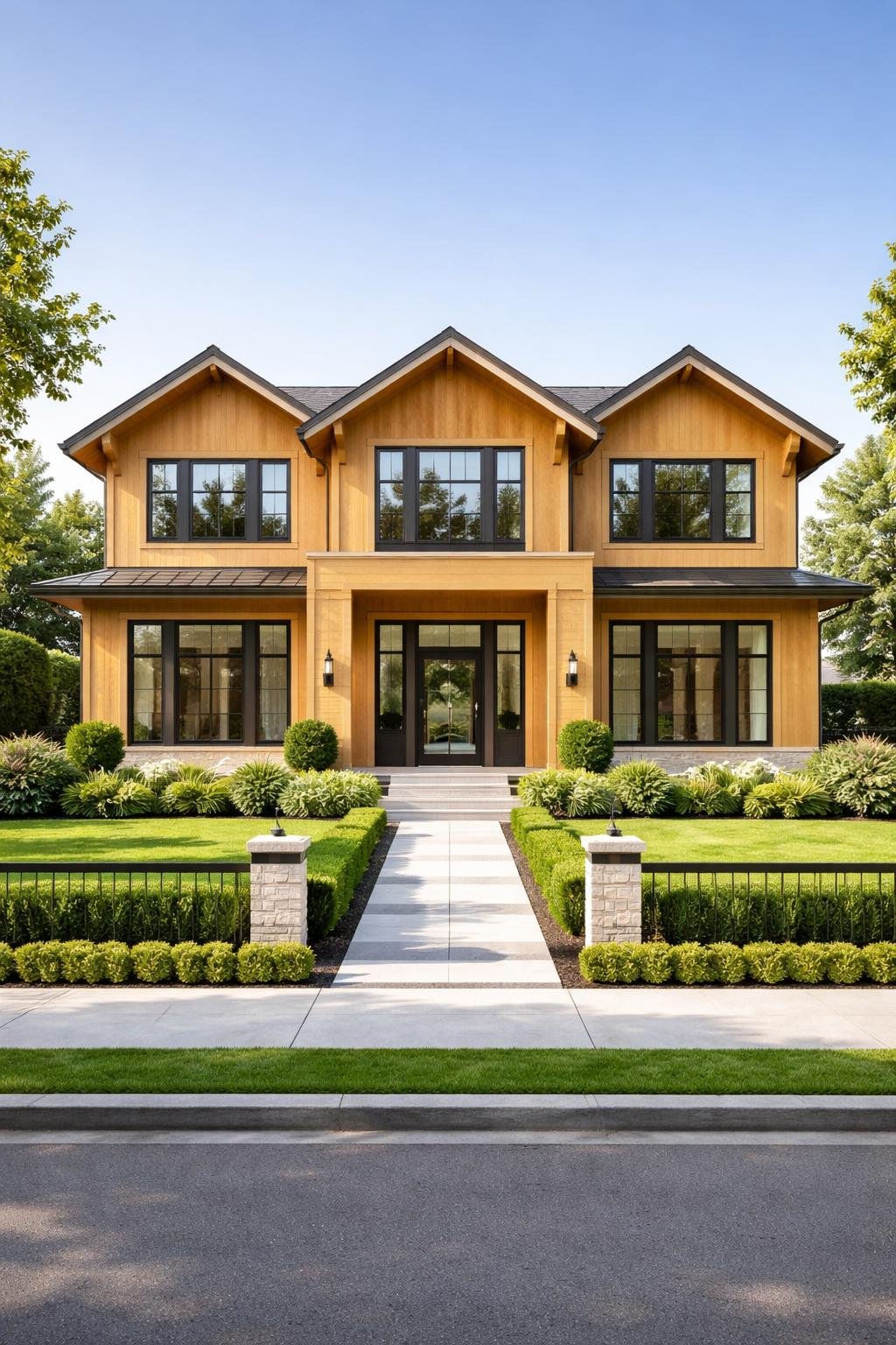 A single-family home with wood siding surrounded by green landscaping and a simple fence in a suburban neighborhood.