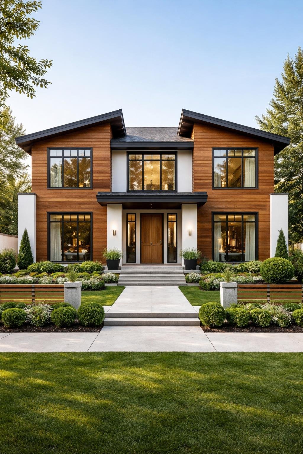 A single-family home with wood siding, surrounded by green landscaping and a simple fence, shown in bright daylight.