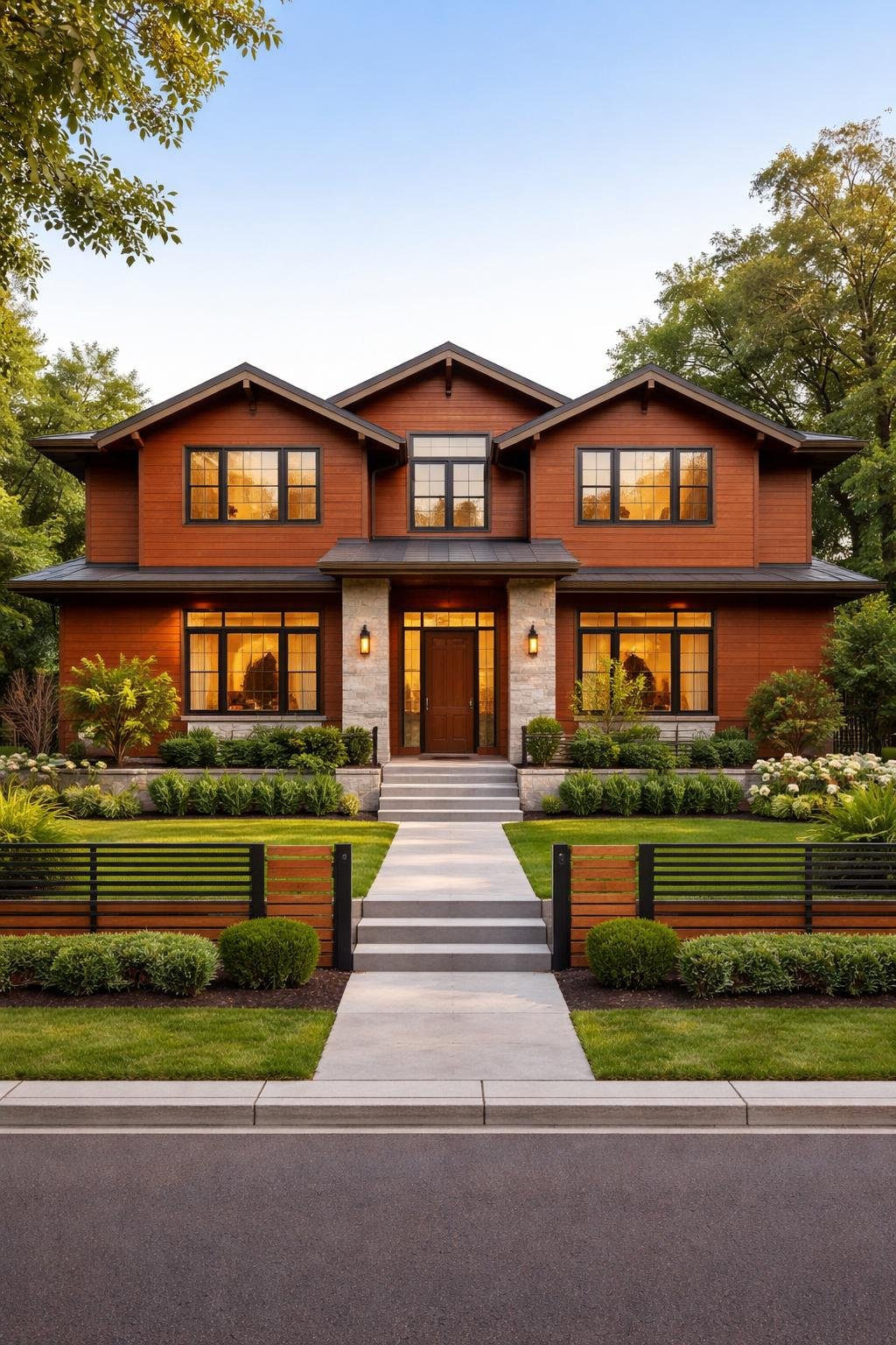 A single-family home with warm redwood siding, surrounded by green landscaping, featuring large windows, a welcoming front door, and a simple fence in a suburban neighborhood.