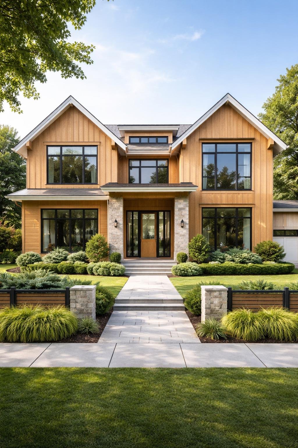 A single-family home with wood siding, large windows, a well-maintained lawn, and a welcoming front entrance in a suburban neighborhood.