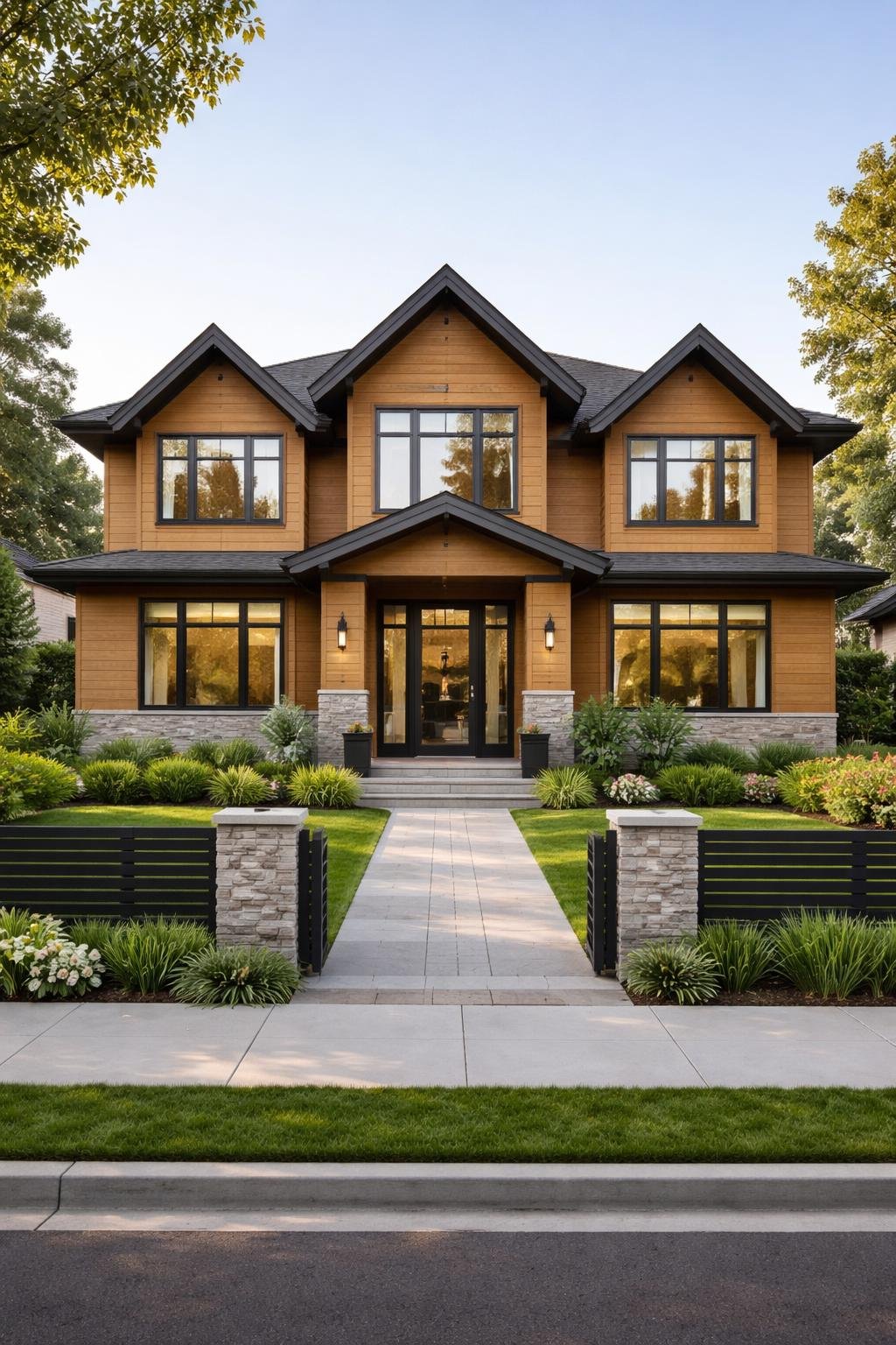 A modern single-family home with wood siding, surrounded by green landscaping and a simple fence, viewed from the front on a bright day.