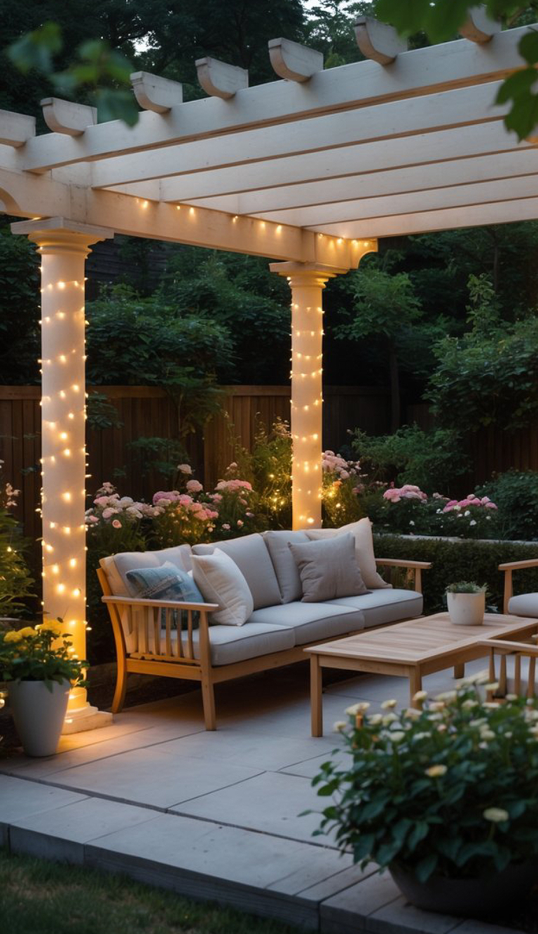 A cozy outdoor patio with a white pergola adorned with string lights. The seating area features a wooden sofa with cushions and a matching coffee table, surrounded by potted plants and lush greenery.