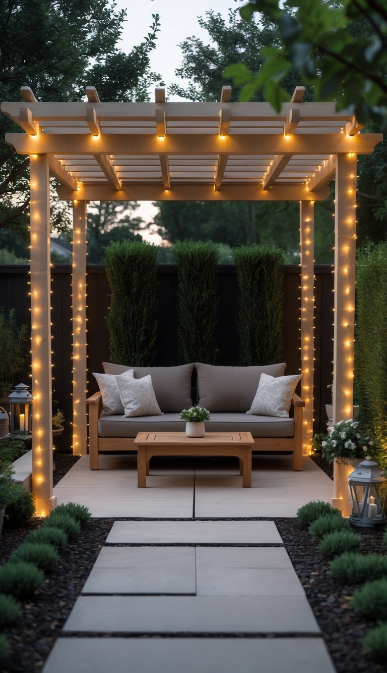 Photo of a pergola in a home garden lit by warm LED rope lights, with outdoor seating and plants around.