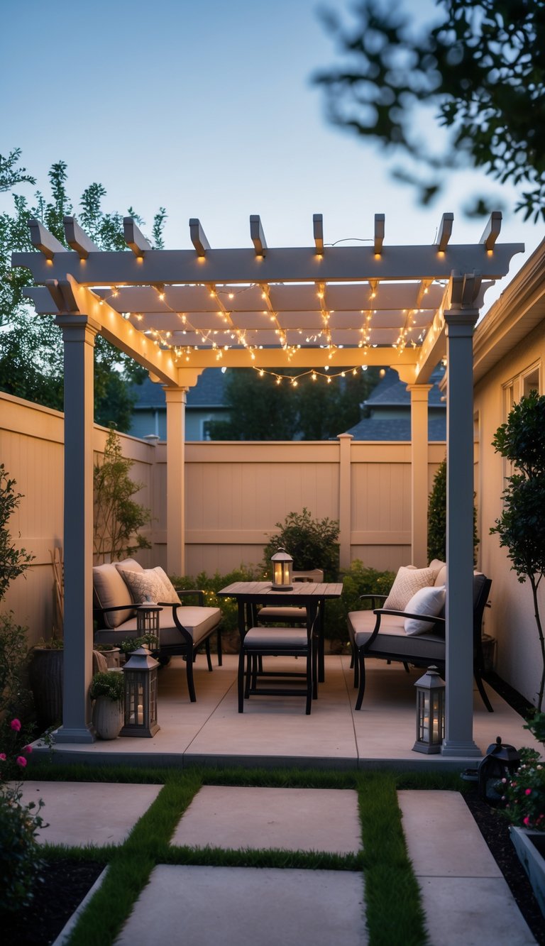 A backyard pergola lit with warm string lights over a wooden dining table and chairs surrounded by plants and garden decorations.