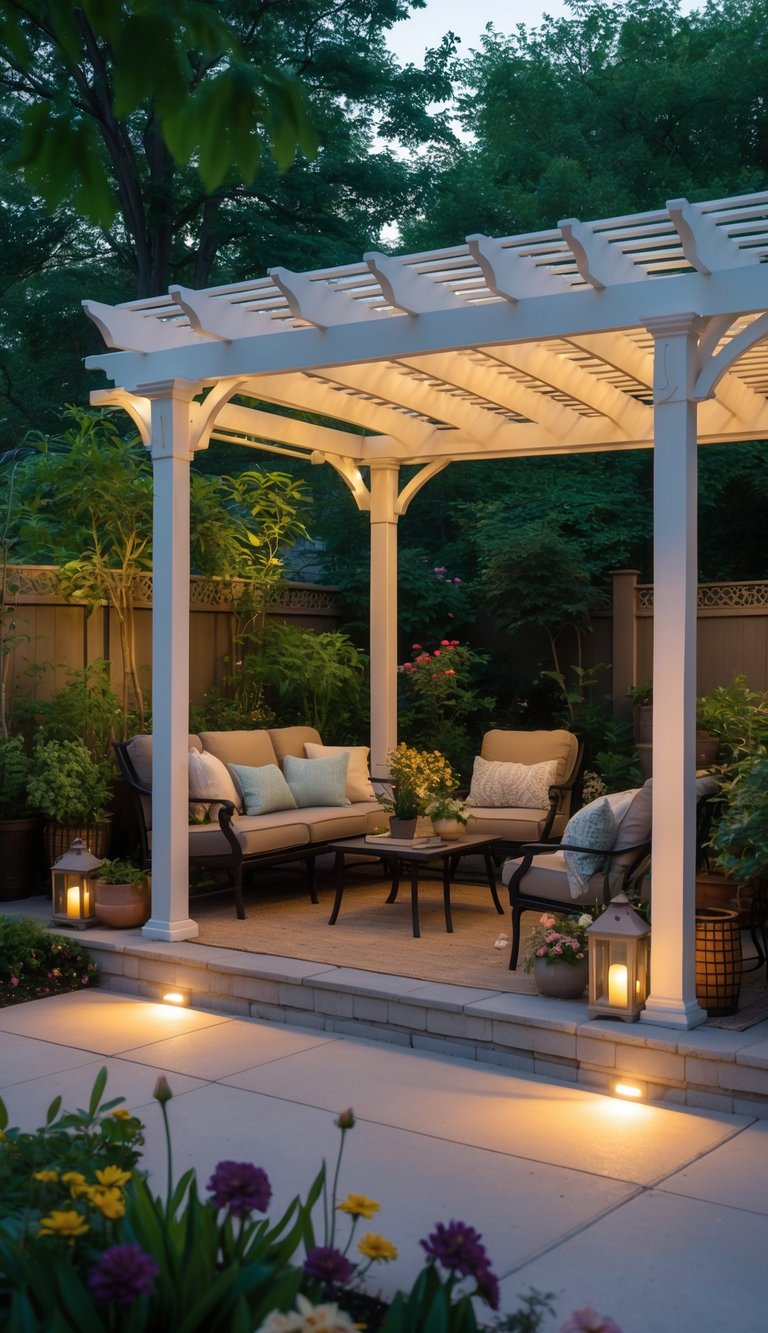 Outdoor home area with a pergola lit by ground spotlights, comfortable seating, plants, and flowers creating a cozy atmosphere.