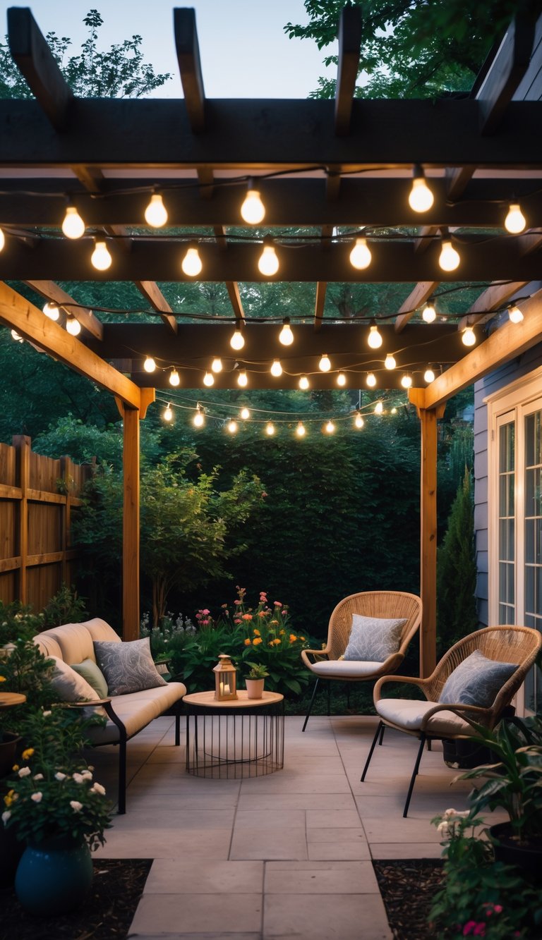 An outdoor patio under a pergola with string lights, wooden chairs, plants, and flowers creating a warm and inviting atmosphere.