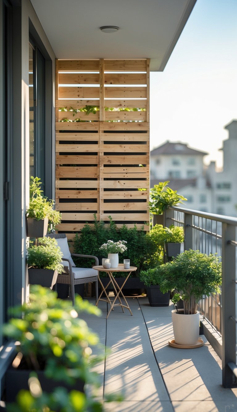 A balcony with a wooden pallet fence used as a privacy screen, decorated with plants and outdoor furniture.