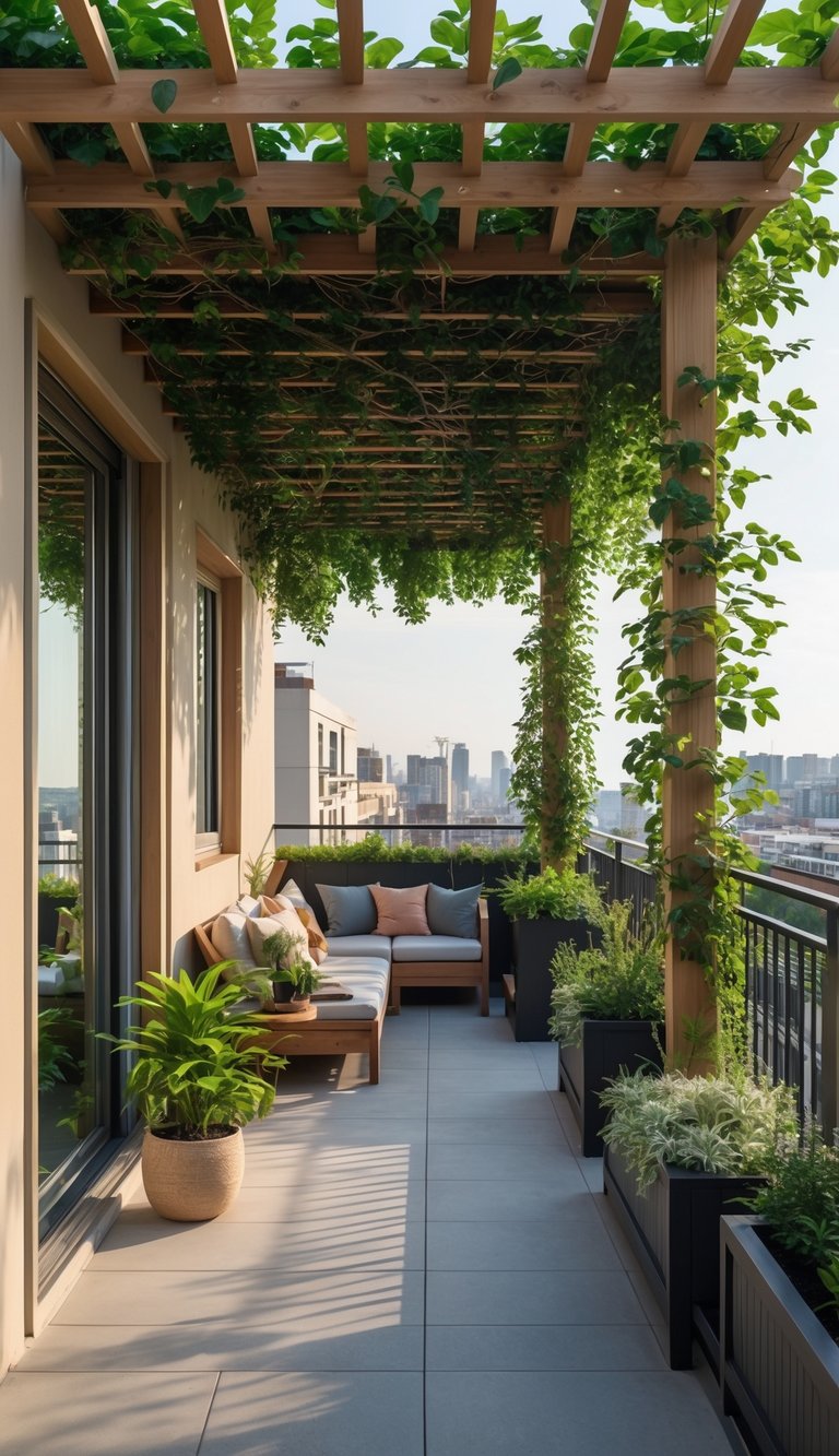 A balcony with a wooden pergola covered in climbing plants providing privacy and shade, furnished with seating and potted plants.
