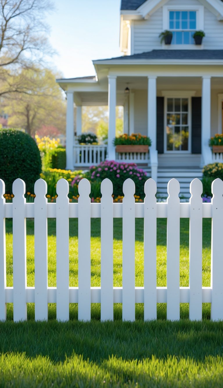 A white picket fence surrounding a green front yard with flowers and a house in the background.