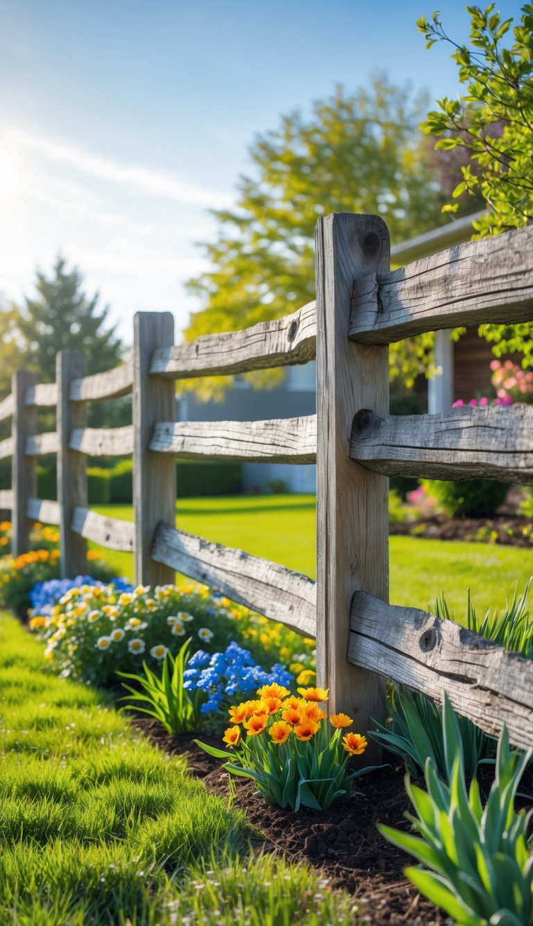 A rustic split-rail wooden fence in a front yard with green grass, colorful flowers, and a clear blue sky.