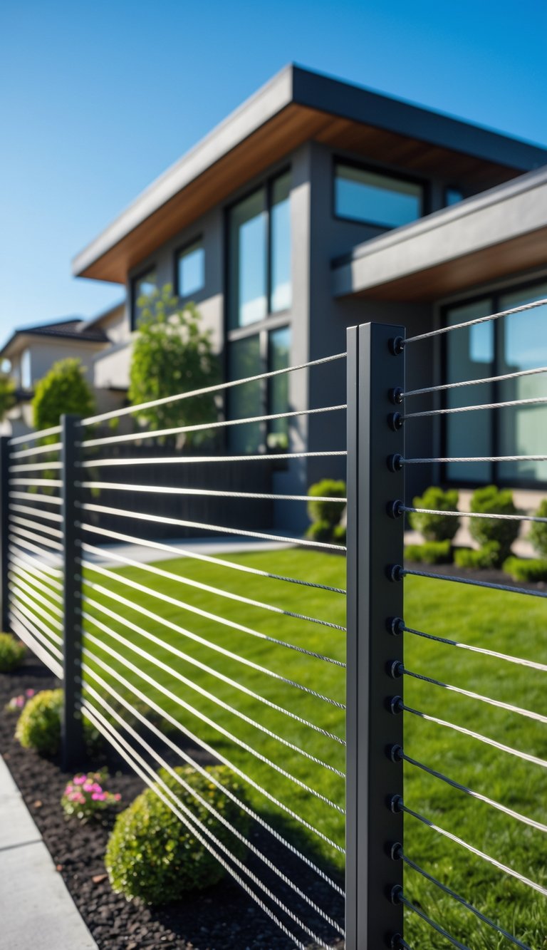 Front yard with a modern cable wire fence, green grass, bushes, and a house in the background on a sunny day.