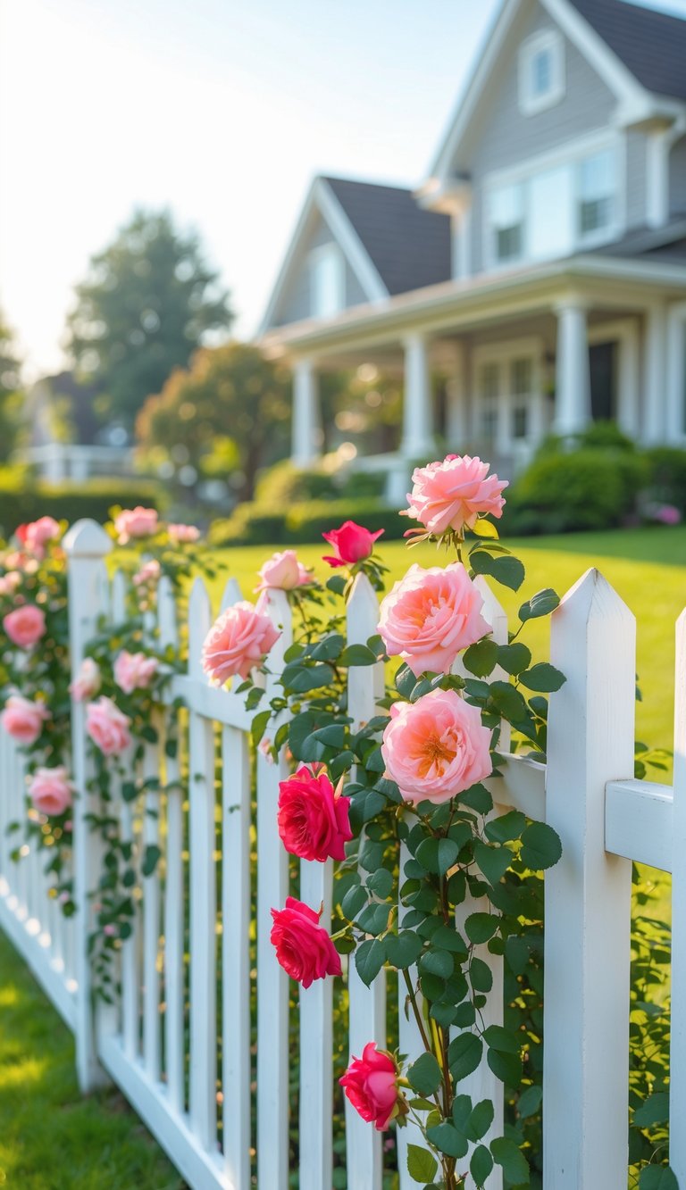 White picket fence with climbing pink and red roses in a sunny front yard with a lawn and a house in the background.