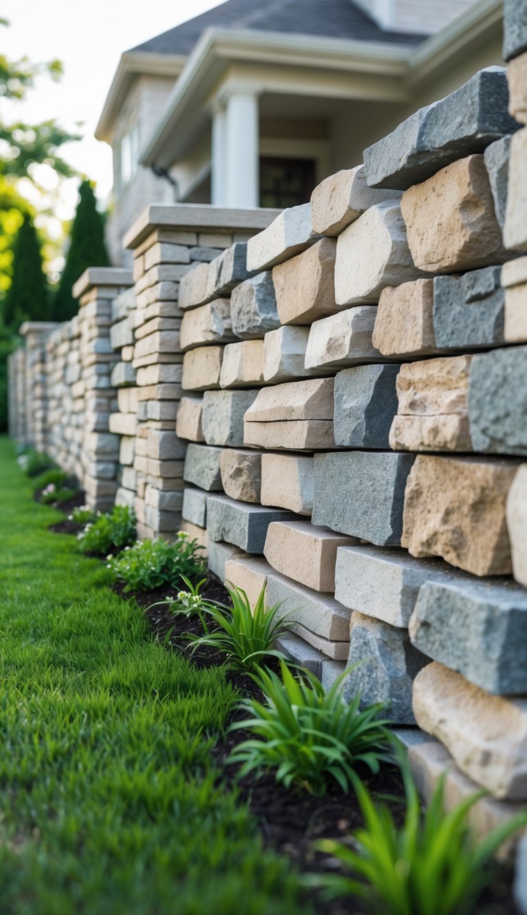 A stacked stone wall fence in a front yard with green grass and a house in the background.