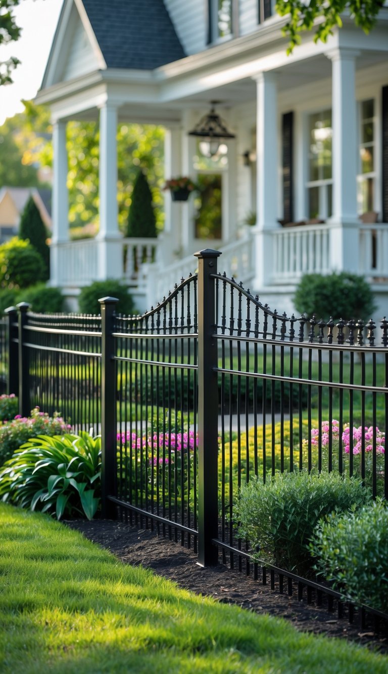 A curved wrought iron fence bordering a front yard with grass, flowers, and a house in the background.