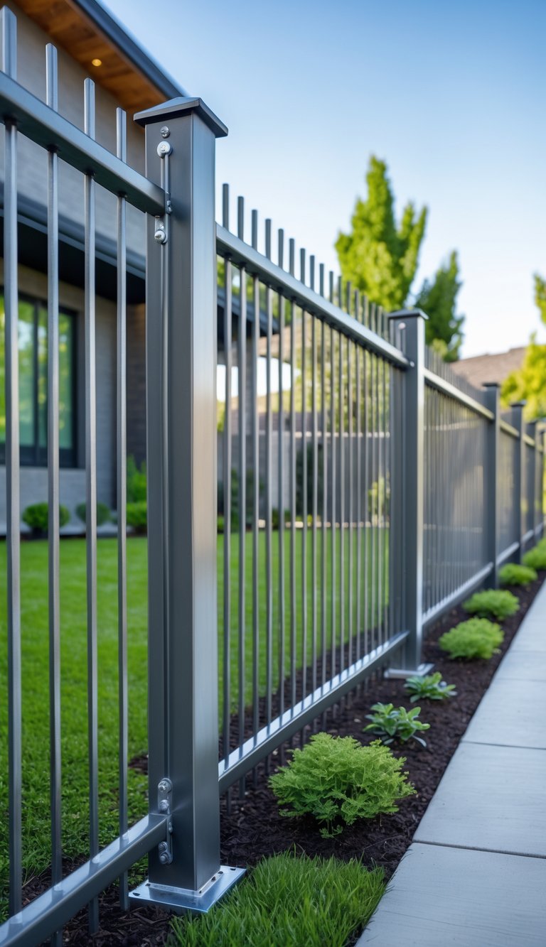 A front yard with a modern fence made of galvanized steel posts and metal panels, green grass, shrubs, and a pathway leading to a house.